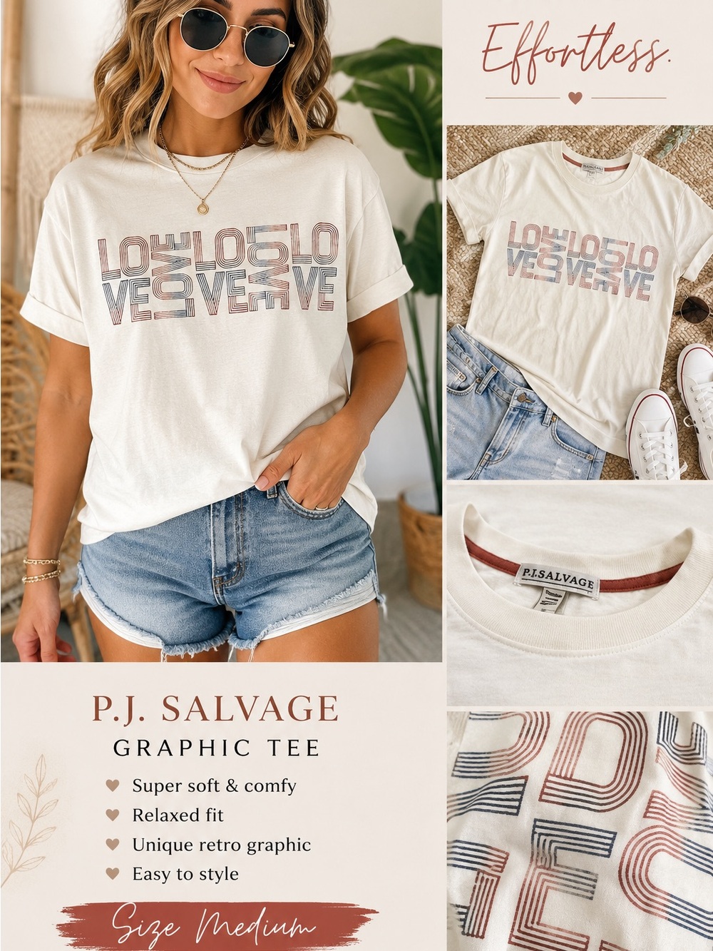 P.J. Salvage Cream Short Sleeve Tee with Retro Multicolor LOVE Graphic